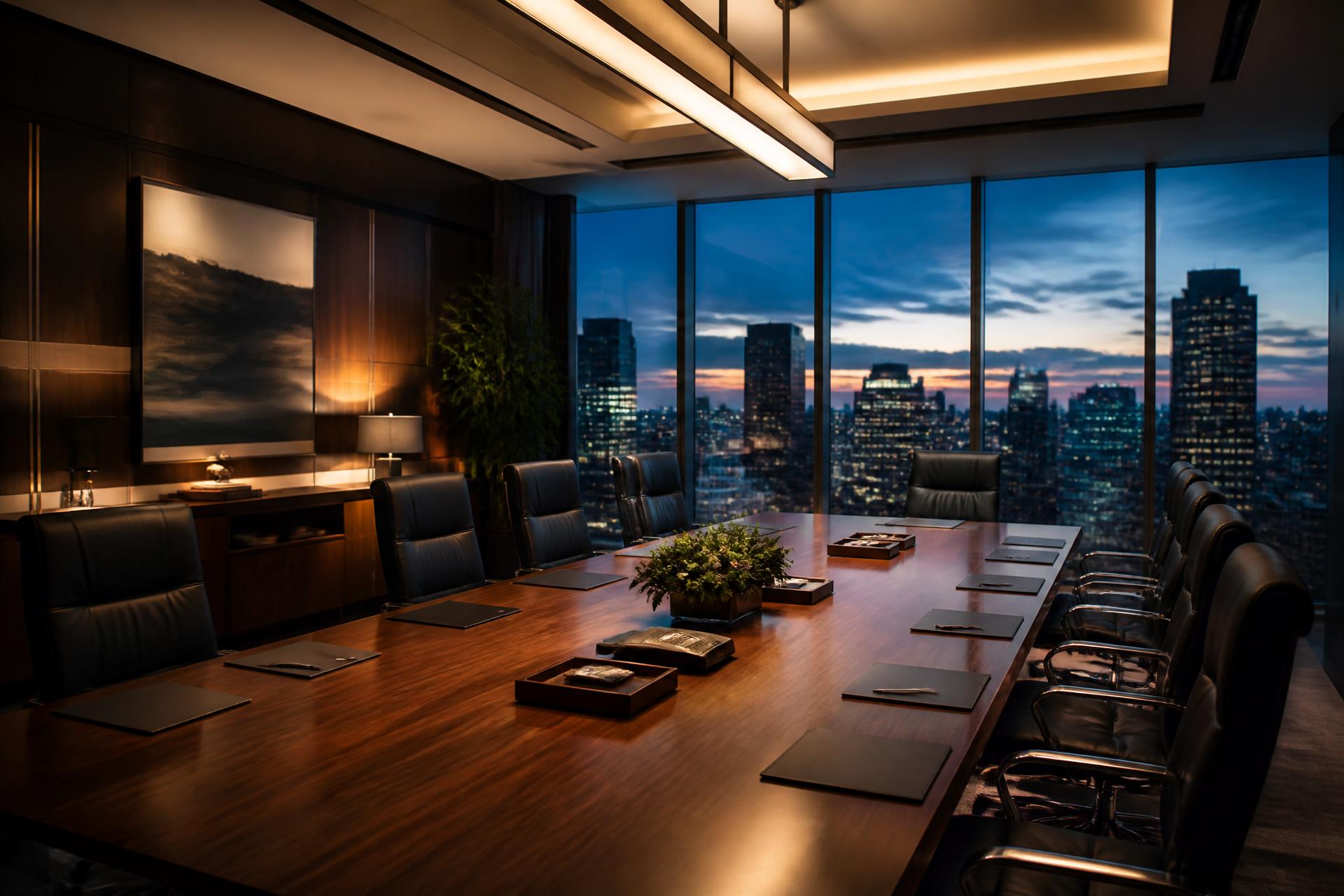 Executive boardroom at dusk with city skyline